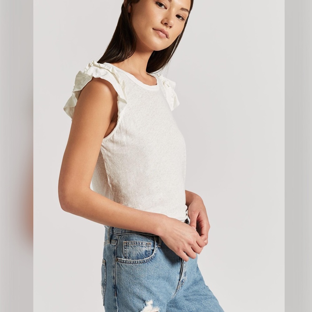 CURRENT/ELLIOT DOUBLE RUFFLE TEE STARK WHITE NWT - Picture 2 of 9